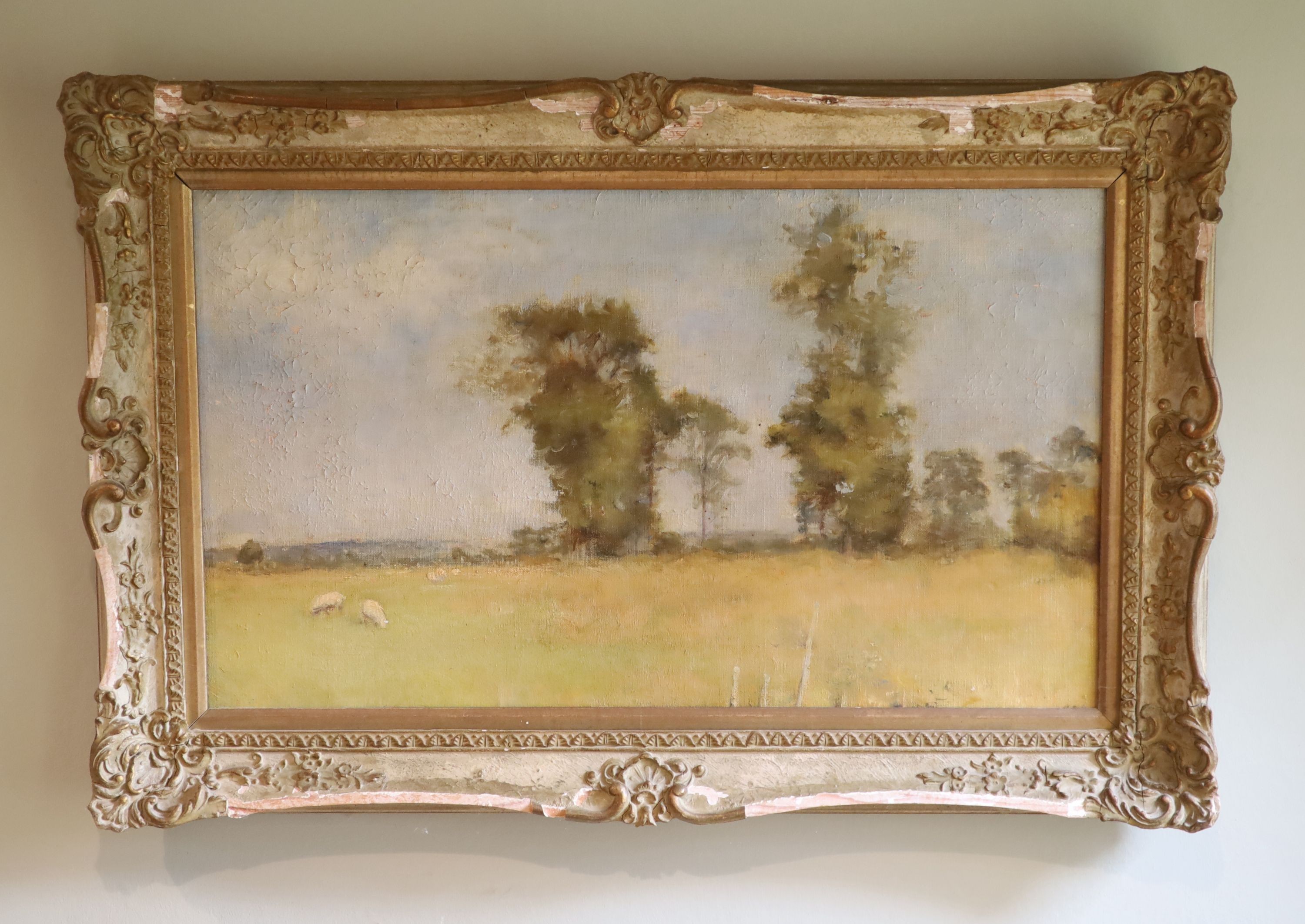 Grace E. Sainsbury (fl.1889-1893), oil on canvas, Sheep in a summer landscape, label verso, 28 x 49cm